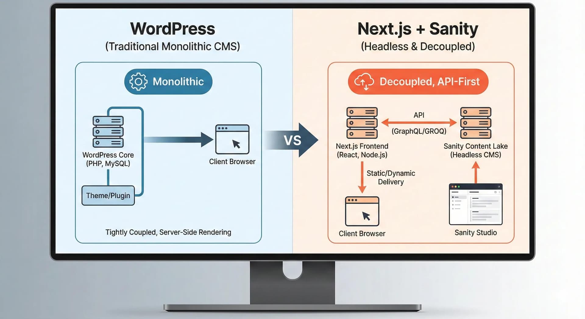 Comparison of WordPress vs Sanity Studio by Digital Tech Alpha, highlighting CMS type, performance, scalability, flexibility, and business use cases